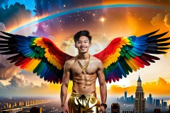 Gay Men Wearing Feathered wings of Pride,embellished with the vibrant rainbow palette inspired by the gay pride flag.