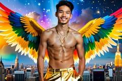 Gay Men Wearing Feathered wings of Pride,embellished with the vibrant rainbow palette inspired by the gay pride flag.