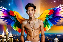 Gay Men Wearing Feathered wings of Pride,embellished with the vibrant rainbow palette inspired by the gay pride flag.