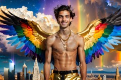 Gay Men Wearing Feathered wings of Pride,embellished with the vibrant rainbow palette inspired by the gay pride flag.