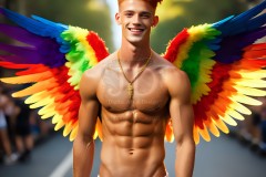 Gay Men Wearing Feathered wings of Pride,embellished with the vibrant rainbow palette inspired by the gay pride flag.
