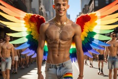 Gay Men Wearing Feathered wings of Pride,embellished with the vibrant rainbow palette inspired by the gay pride flag.