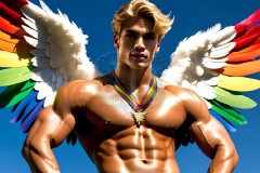 Gay Men Wearing Feathered wings of Pride,embellished with the vibrant rainbow palette inspired by the gay pride flag.