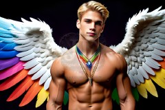 Gay Men Wearing Feathered wings of Pride,embellished with the vibrant rainbow palette inspired by the gay pride flag.