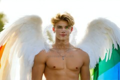 Gay Men Wearing Feathered wings of Pride,embellished with the vibrant rainbow palette inspired by the gay pride flag.