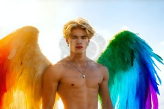 Gay Men Wearing Feathered wings of Pride,embellished with the vibrant rainbow palette inspired by the gay pride flag.