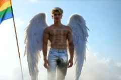 Gay Men Wearing Feathered wings of Pride,embellished with the vibrant rainbow palette inspired by the gay pride flag.