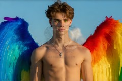 Gay Men Wearing Feathered wings of Pride,embellished with the vibrant rainbow palette inspired by the gay pride flag.
