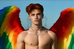 Gay Men Wearing Feathered wings of Pride,embellished with the vibrant rainbow palette inspired by the gay pride flag.