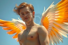 Gay Men Wearing Feathered wings of Pride,embellished with the vibrant rainbow palette inspired by the gay pride flag.