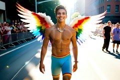 Gay Men Wearing Feathered wings of Pride,embellished with the vibrant rainbow palette inspired by the gay pride flag.