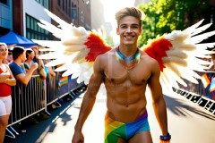 Gay Men Wearing Feathered wings of Pride,embellished with the vibrant rainbow palette inspired by the gay pride flag.