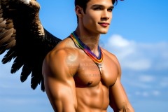 Gay Men Wearing Feathered wings of Pride,embellished with the vibrant rainbow palette inspired by the gay pride flag.