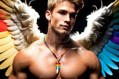 Gay Men Wearing Feathered wings of Pride,embellished with the vibrant rainbow palette inspired by the gay pride flag.