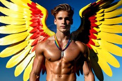 Gay Men Wearing Feathered wings of Pride,embellished with the vibrant rainbow palette inspired by the gay pride flag.