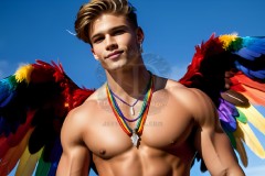Gay Men Wearing Feathered wings of Pride,embellished with the vibrant rainbow palette inspired by the gay pride flag.