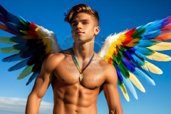 Gay Men Wearing Feathered wings of Pride,embellished with the vibrant rainbow palette inspired by the gay pride flag.