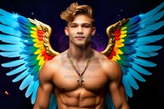 Gay Men Wearing Feathered wings of Pride,embellished with the vibrant rainbow palette inspired by the gay pride flag.