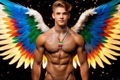 Gay Men Wearing Feathered wings of Pride,embellished with the vibrant rainbow palette inspired by the gay pride flag.