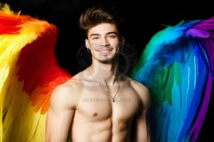 Gay Men Wearing Feathered wings of Pride,embellished with the vibrant rainbow palette inspired by the gay pride flag.