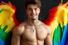 Gay Men Wearing Feathered wings of Pride,embellished with the vibrant rainbow palette inspired by the gay pride flag.