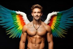Gay Men Wearing Feathered wings of Pride,embellished with the vibrant rainbow palette inspired by the gay pride flag.
