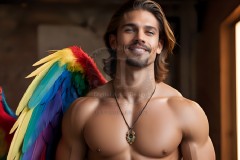 Gay Men Wearing Feathered wings of Pride,embellished with the vibrant rainbow palette inspired by the gay pride flag.