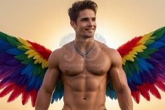 Gay Men Wearing Feathered wings of Pride,embellished with the vibrant rainbow palette inspired by the gay pride flag.