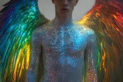 Gay Men Wearing Feathered wings of Pride,embellished with the vibrant rainbow palette inspired by the gay pride flag.