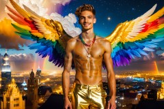 Gay Men Wearing Feathered wings of Pride,embellished with the vibrant rainbow palette inspired by the gay pride flag.