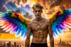 Gay Men Wearing Feathered wings of Pride,embellished with the vibrant rainbow palette inspired by the gay pride flag.