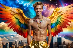 Gay Men Wearing Feathered wings of Pride,embellished with the vibrant rainbow palette inspired by the gay pride flag.