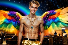 Gay Men Wearing Feathered wings of Pride,embellished with the vibrant rainbow palette inspired by the gay pride flag.