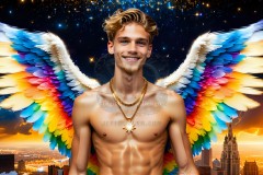 Gay Men Wearing Feathered wings of Pride,embellished with the vibrant rainbow palette inspired by the gay pride flag.