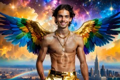 Gay Men Wearing Feathered wings of Pride,embellished with the vibrant rainbow palette inspired by the gay pride flag.