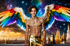 Gay Men Wearing Feathered wings of Pride,embellished with the vibrant rainbow palette inspired by the gay pride flag.