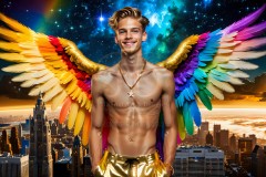 Gay Men Wearing Feathered wings of Pride,embellished with the vibrant rainbow palette inspired by the gay pride flag.