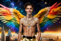 Gay Men Wearing Feathered wings of Pride,embellished with the vibrant rainbow palette inspired by the gay pride flag.