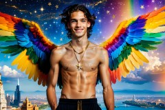 Gay Men Wearing Feathered wings of Pride,embellished with the vibrant rainbow palette inspired by the gay pride flag.