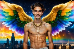 Gay Men Wearing Feathered wings of Pride,embellished with the vibrant rainbow palette inspired by the gay pride flag.