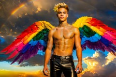 Gay Men Wearing Feathered wings of Pride,embellished with the vibrant rainbow palette inspired by the gay pride flag.