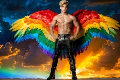 Gay Men Wearing Feathered wings of Pride,embellished with the vibrant rainbow palette inspired by the gay pride flag.