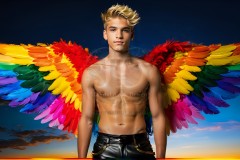 Gay Men Wearing Feathered wings of Pride,embellished with the vibrant rainbow palette inspired by the gay pride flag.